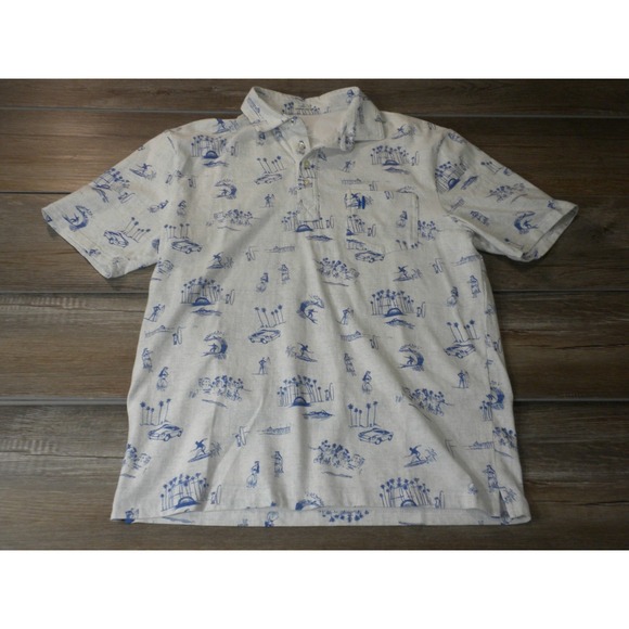johnnie-O Other - Johnnie-O Polo Shirt Mens M White Blue Hangin Out Beginner's Luck AOP Surf Beach